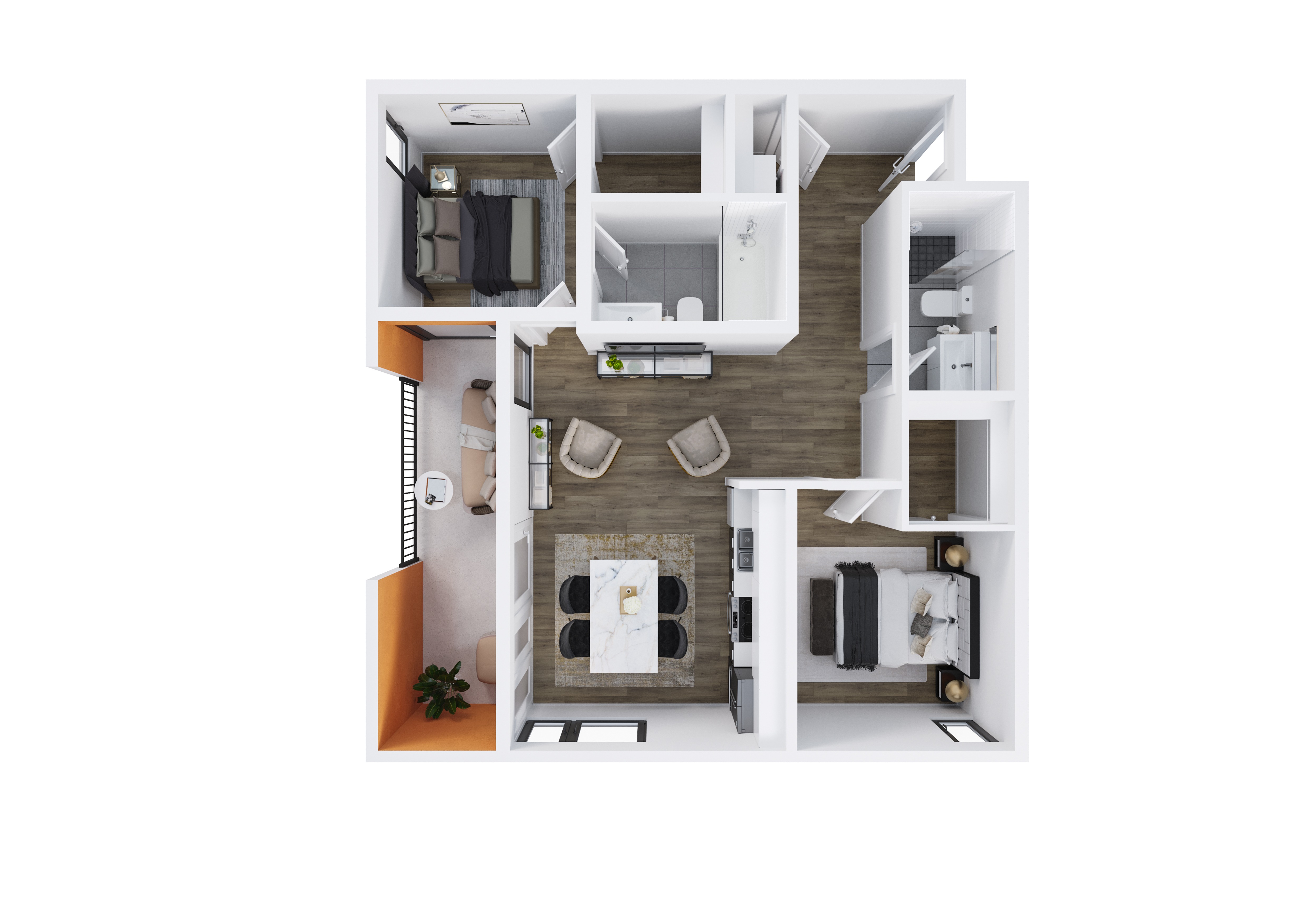 Floor plan for 2 beds, 2 baths, 1049 sqft